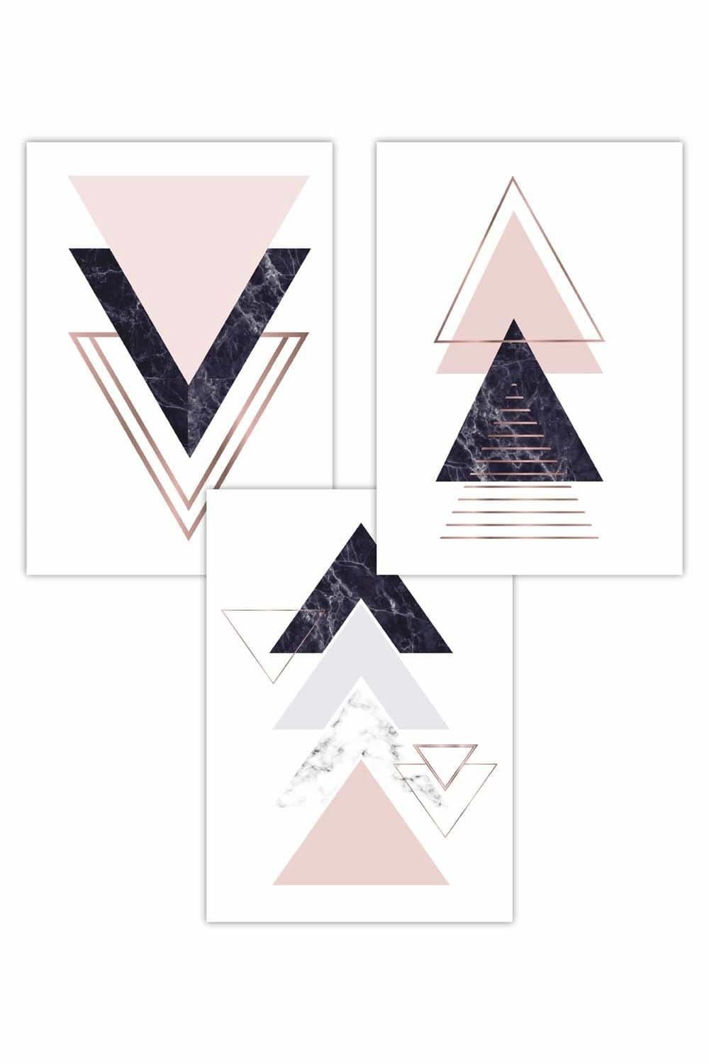 Set of 3 Navy Pink Geometric Triangle Set Art Posters
